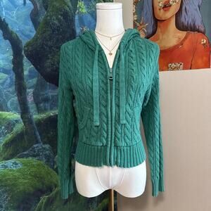 y2k green blue cable knit zip hoodie - cropped american eagle sweater